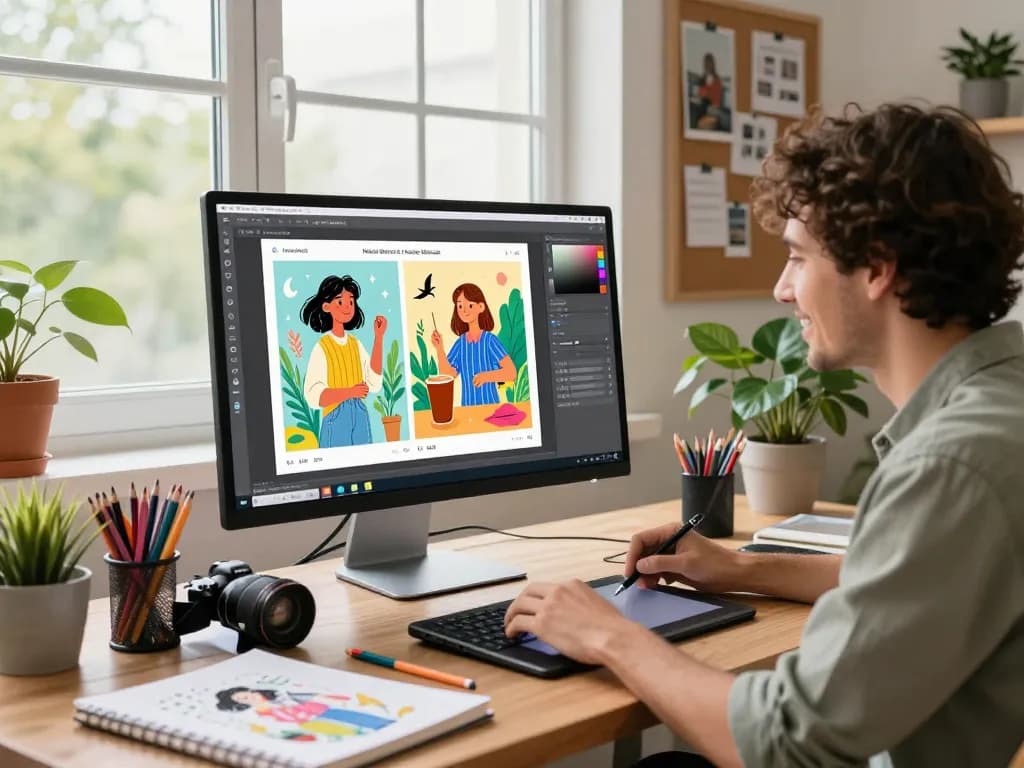 Artist using nano banana AI image editor in a modern workspace with vibrant illustrations and art supplies.