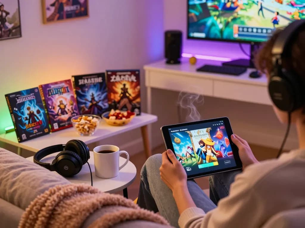 Cozy gaming nook showcasing adult visual novel games and vibrant ambiance, lewdspot gaming atmosphere.