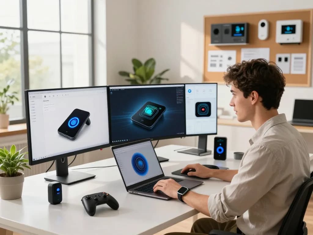 Innovative workspace with latest tech gadgets 2099 showcased on monitors and desk, highlighting modern tech exploration.
