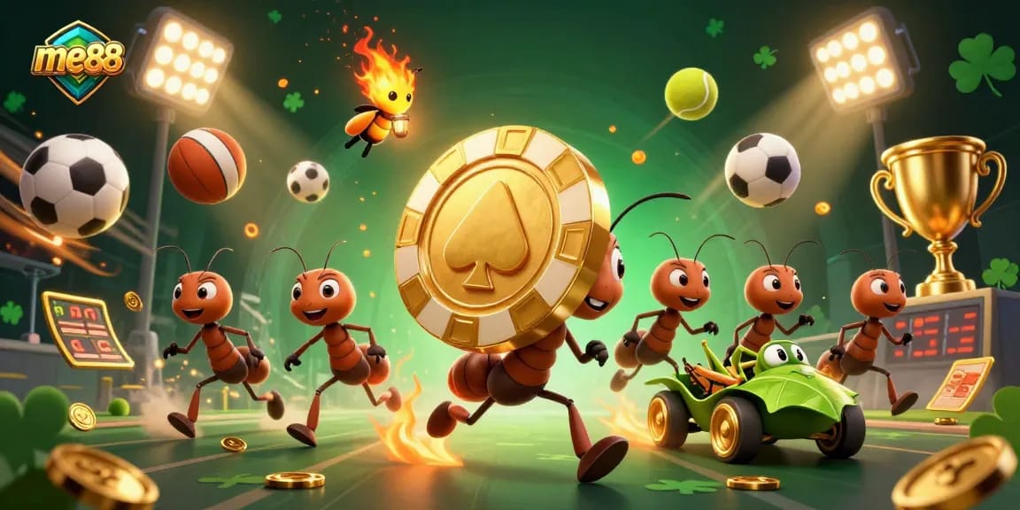 Experience thrilling gaming with me88's cartoon heist of ants and golden chips