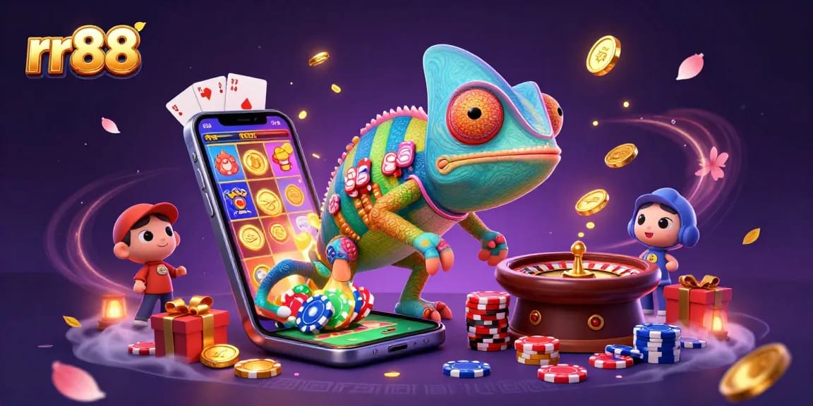 Engage with rr88, where a vibrant chameleon casino owner captures golden coins amidst dynamic gaming elements.