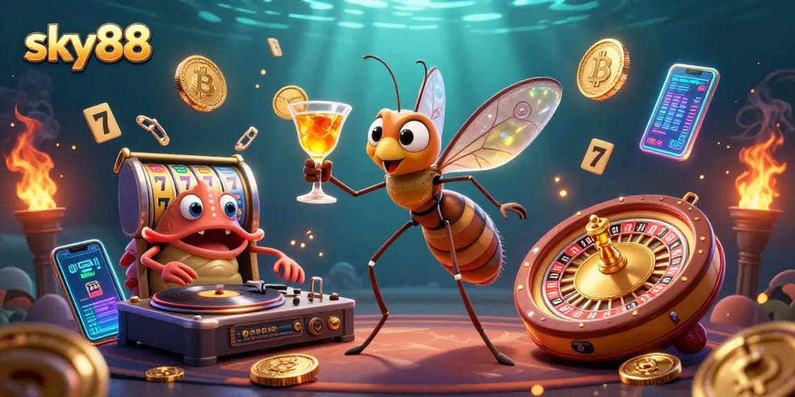 Experience the thrill of sky88 with a vibrant casino-themed 3D illustration showcasing unique characters and exciting game elements.