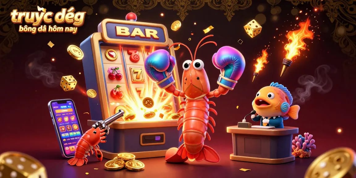 Experience trực tiếp bóng đá hôm nay with vibrant 3D shrimp characters celebrating a jackpot.