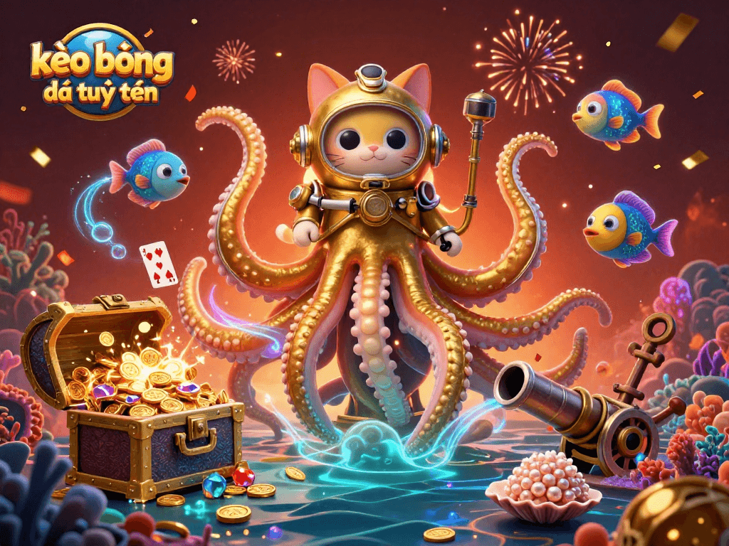 Engage with kèo bóng đá trực tuyến in this dynamic underwater scene filled with vibrant characters and gambling elements.