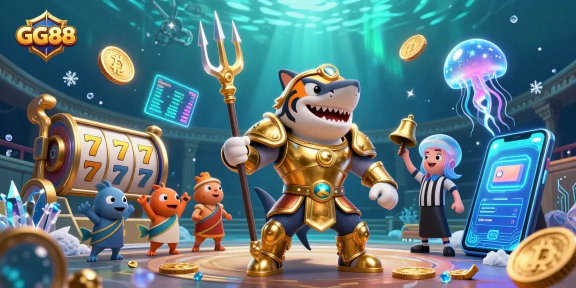 Engage with GG88 as you dive into action with a ferocious tiger shark and slot machines.