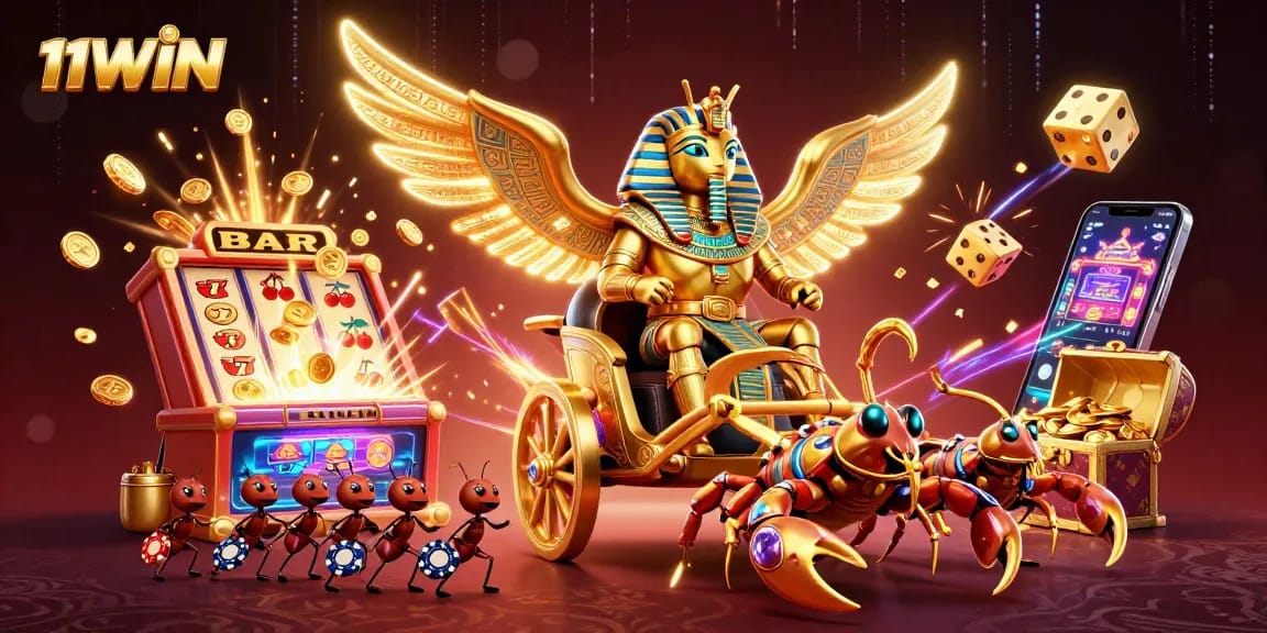 Engage with thrilling 11WIN casino action, featuring dynamic slot machines and vibrant gaming elements.