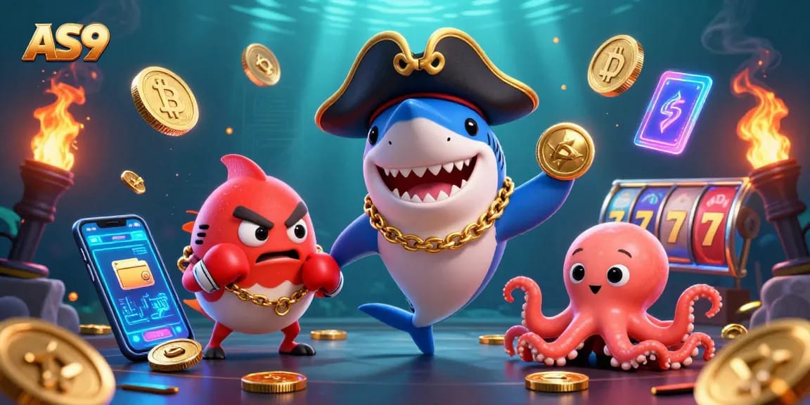 Join the action in AS9 slots with playful characters and dynamic casino elements surrounding them.
