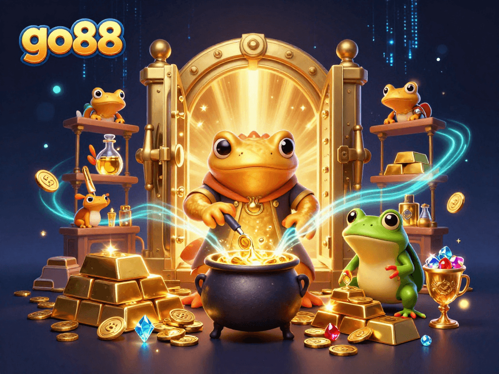 Experience the magic of go88 with a vibrant alchemical scene filled with gold and treasures.
