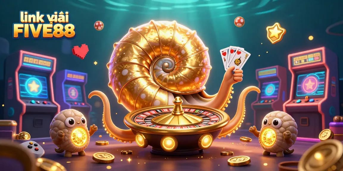 Engage with the link vào FIVE88 in an exciting 3D casino scene featuring a vibrant nautilus and casino elements.