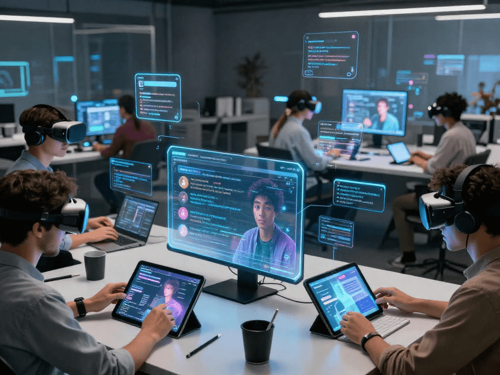 AI chat NSFW scene with diverse users in a futuristic workspace interacting with holographic displays and immersive technology.