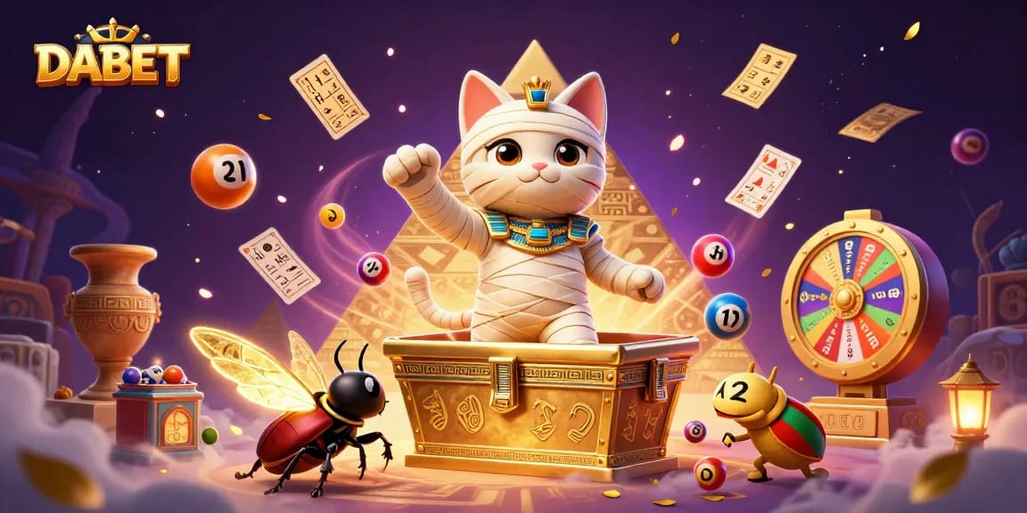 DABET invites excitement with a vibrant 3D illustration depicting an Egyptian mummy cat in a lively casino scene.