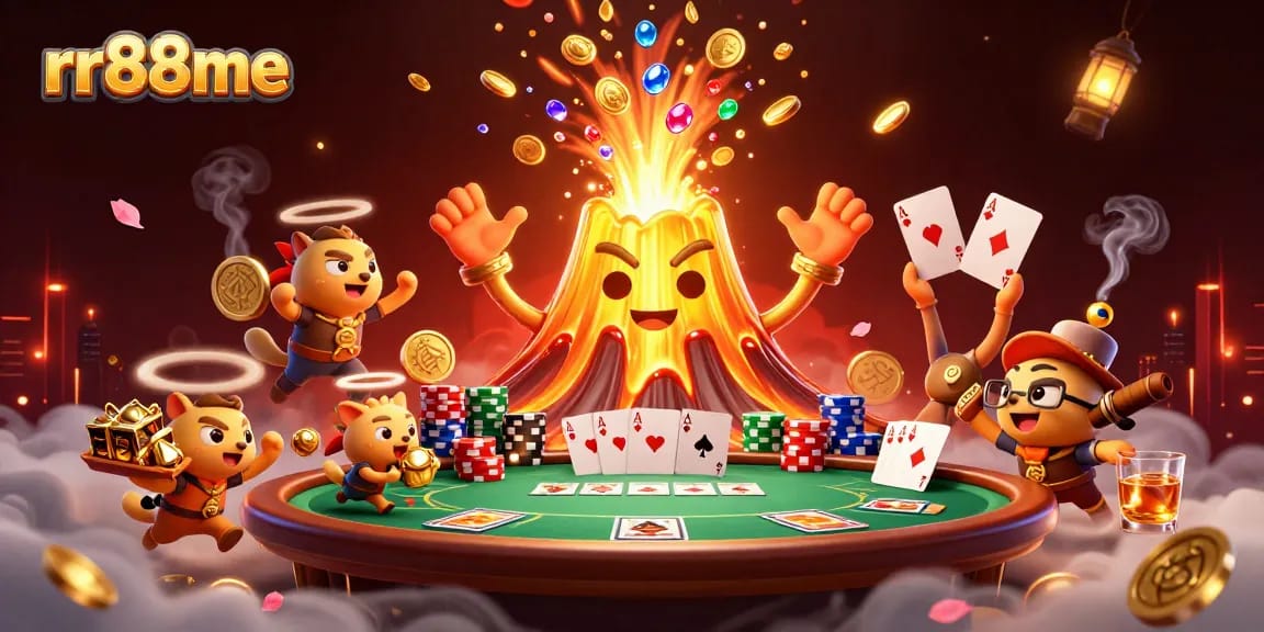 Experience thrilling gameplay at rr88me with a dynamic illustration of a volcano erupting treasure amidst poker excitement.