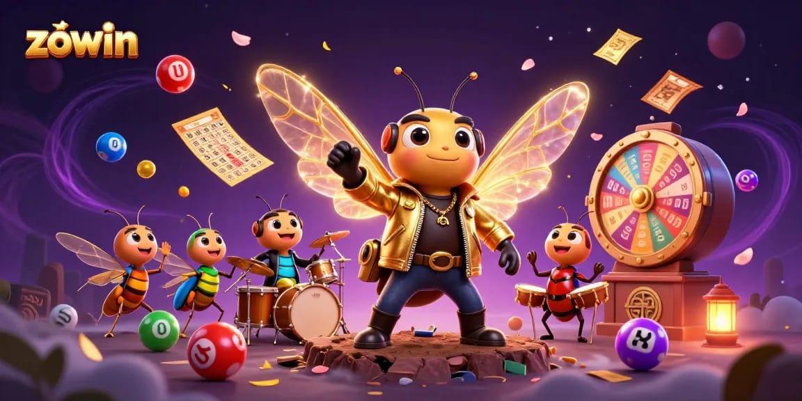 Zowin gamifies excitement with a rock star cicada, beetle drummer, and crickets under a vibrant casino backdrop.