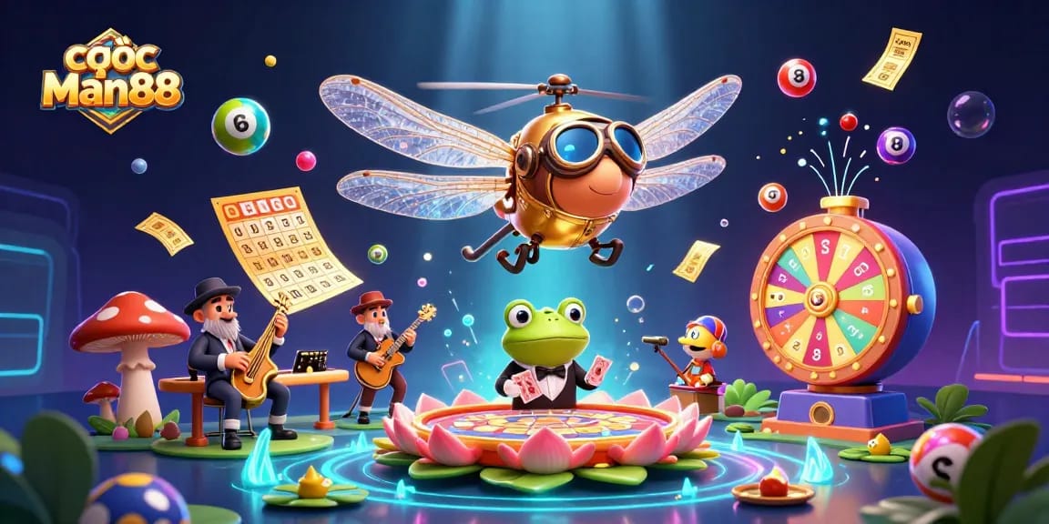 Cược Man88 offers an exciting gaming atmosphere with vibrant characters and game elements featuring a dragonfly pilot, frog croupier, and jazz music.