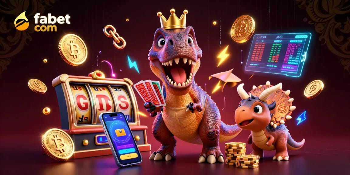 Join the fun at fabet com with T-Rex shuffling cards and stacking winnings!