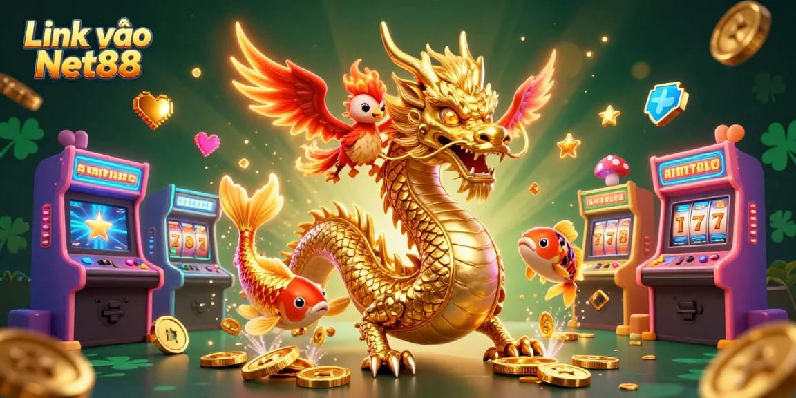 Engage with Link vào Net88 featuring a dynamic scene of colorful arcade machines and a golden dragon.