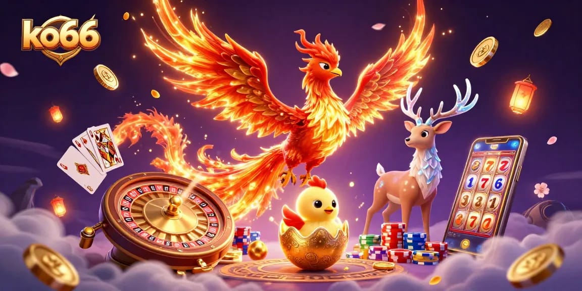 Engage in exciting gaming with ko66 as mythical creatures and casino elements illuminate the scene.