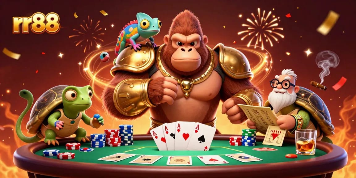 rr88 brings excitement with a powerful gorilla king and poker elements in a vibrant casino scene.