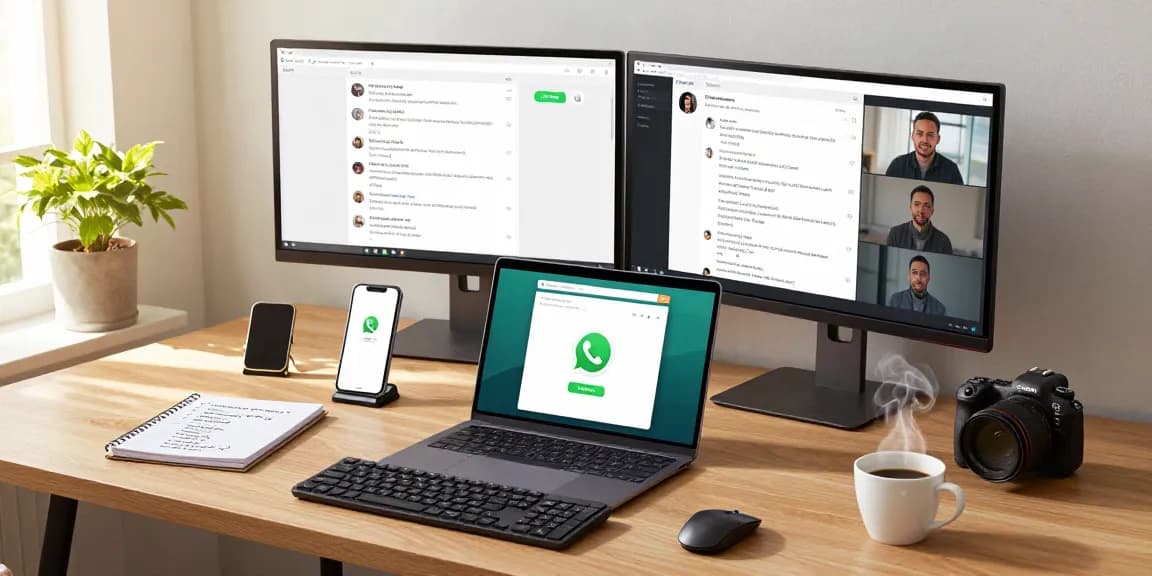 Engaging with WhatsApp電腦版 on modern home office setup with dual monitors.