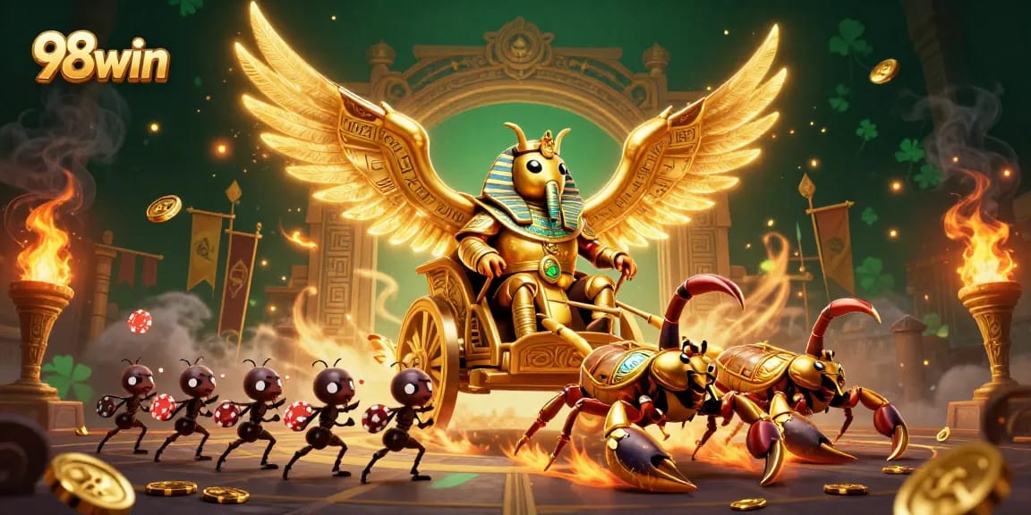 Experience thrilling action with the 98win colossal beetle riding a chariot in an exciting casino setting.
