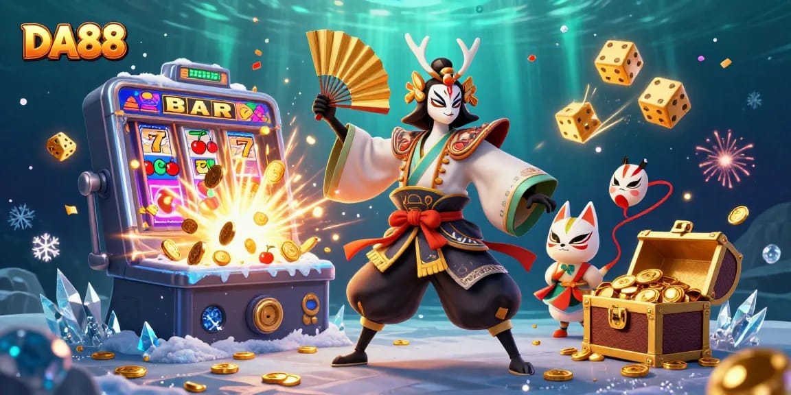 Engage in thrilling gameplay with DA88, featuring a kabuki warrior crane and dynamic slot machine elements.