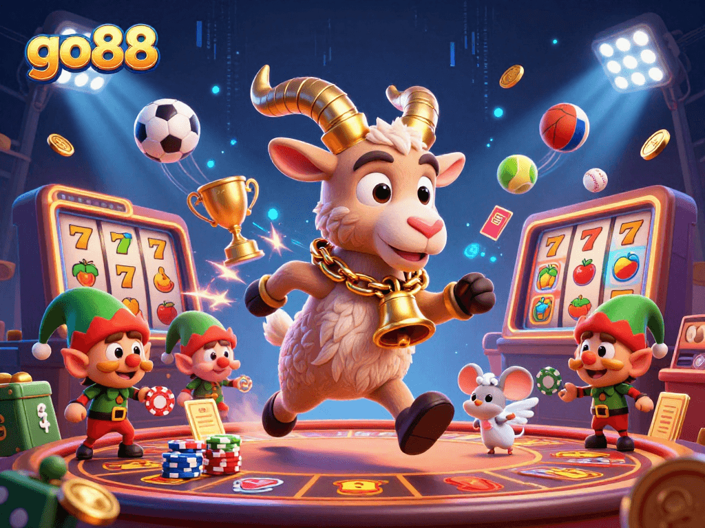 go88's festive casino scene features Krampus, an angel mouse, and elf gremlins amidst lively gambling