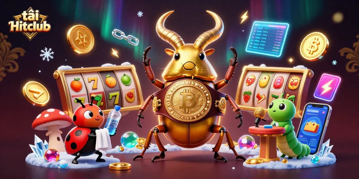 Engage in the action with tải Hitclub illustrated in a vibrant casino scene featuring slots and crypto coins.