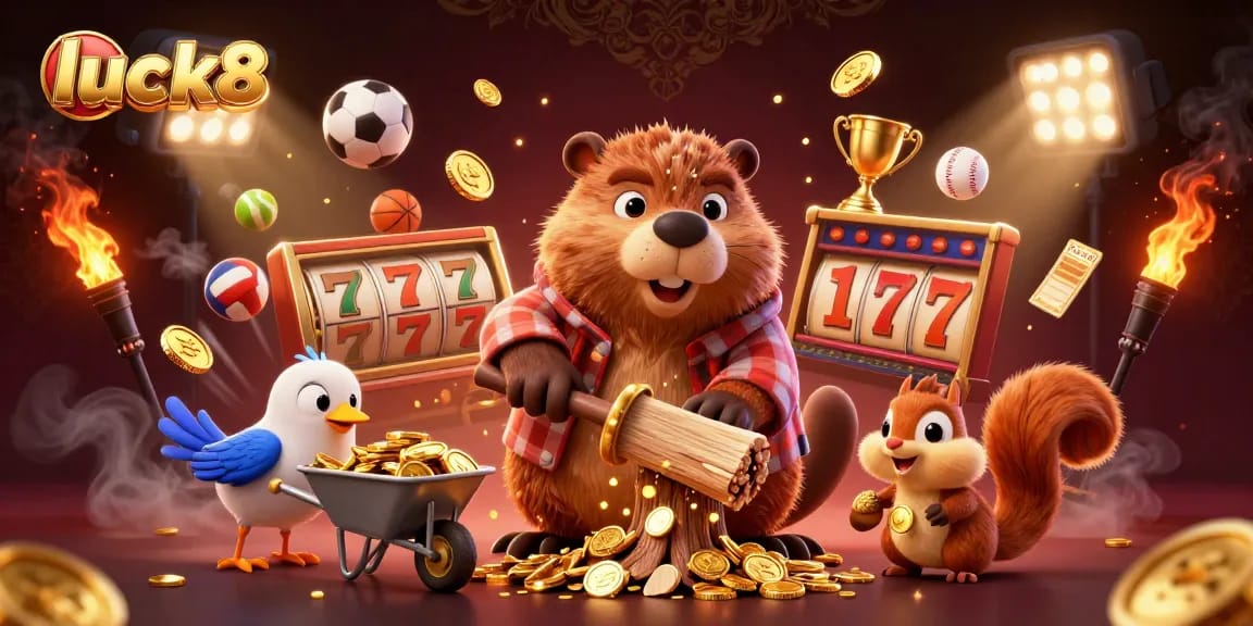 Experience the thrill of luck8 with a lively depiction of a playful beaver chopping a tree for coins.