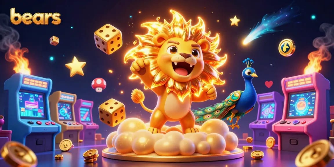 Experience thrilling wins with bears at an exciting cartoon casino, featuring dynamic dice and vibrant game elements.