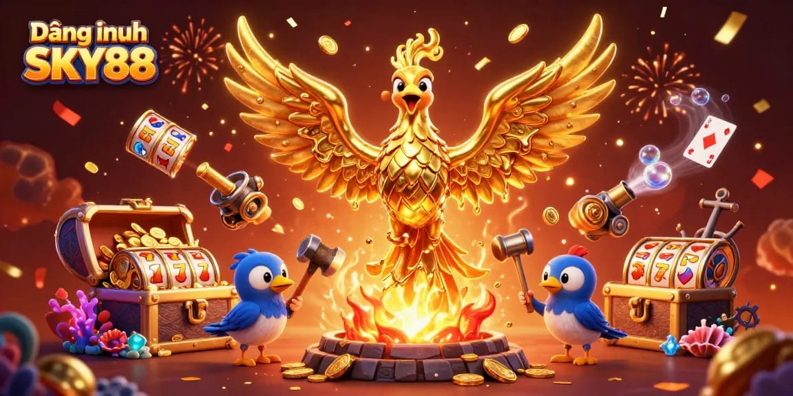 Experience thrilling gaming with Đăng nhập SKY88, featuring golden phoenix and colorful casino treasures.