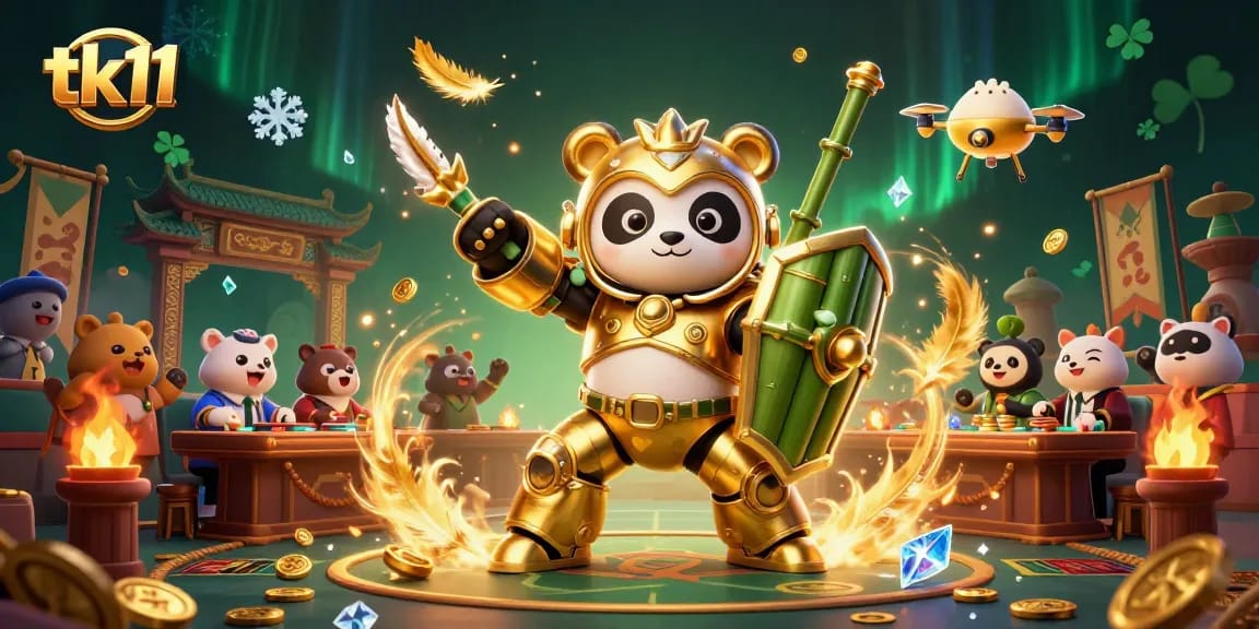 Engage with exciting tk11 gaming experiences featuring a mech-suit panda and golden elements.