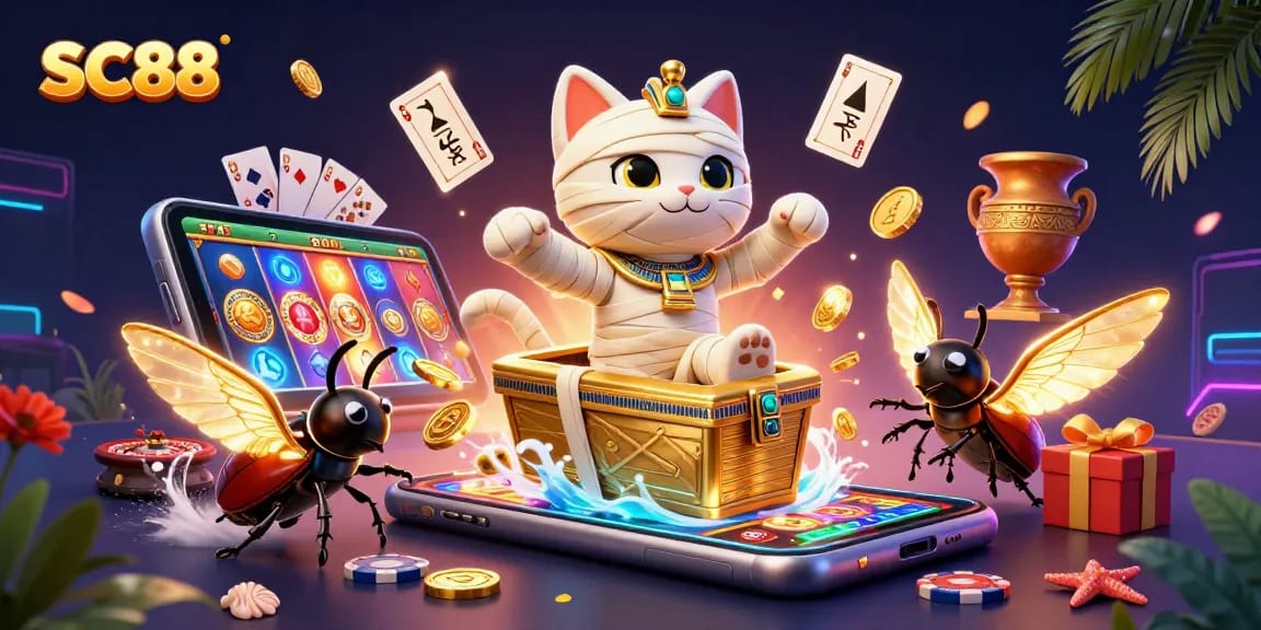 SC88's exciting pyramid casino scene showcases vibrant slot games and Egyptian-themed characters.