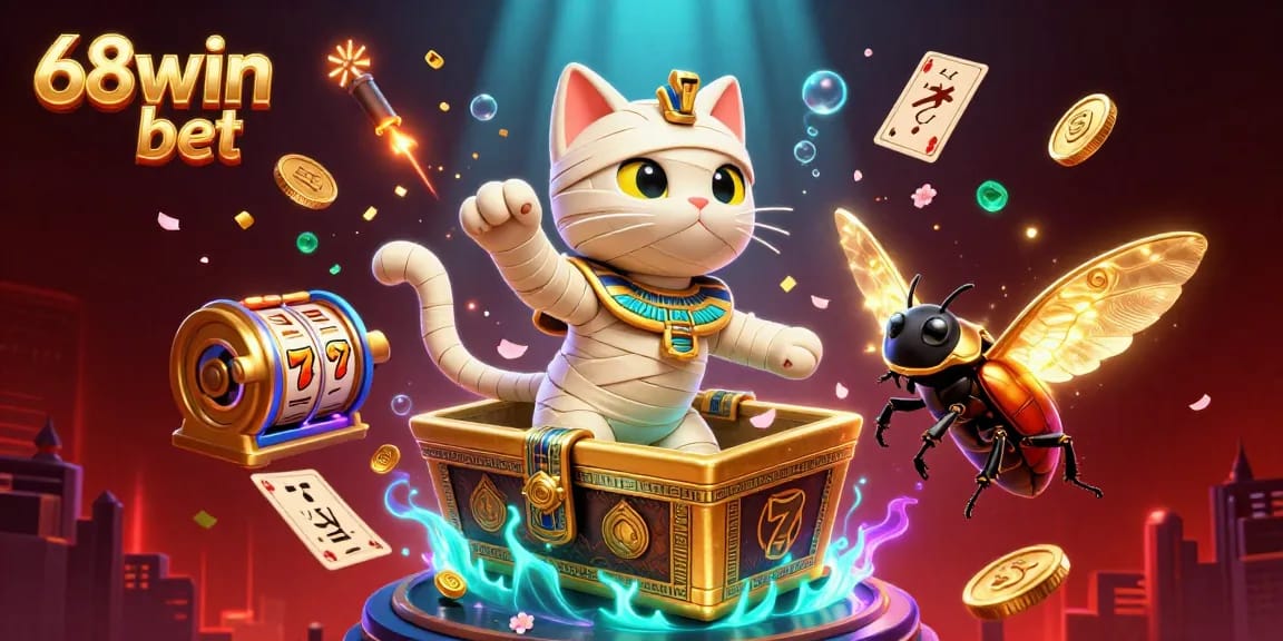 Engage in thrilling gameplay at 68win bet with a vibrant 3D casino scene featuring an Egyptian mummy cat.