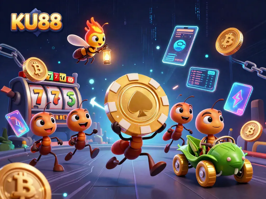 KU88 team of ants executes a heist, carrying a giant poker chip through a vibrant casino-themed tunnel.