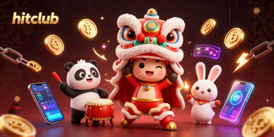Engage with hitclub's vibrant 3D casino scene featuring a festive lion dance and crypto elements.