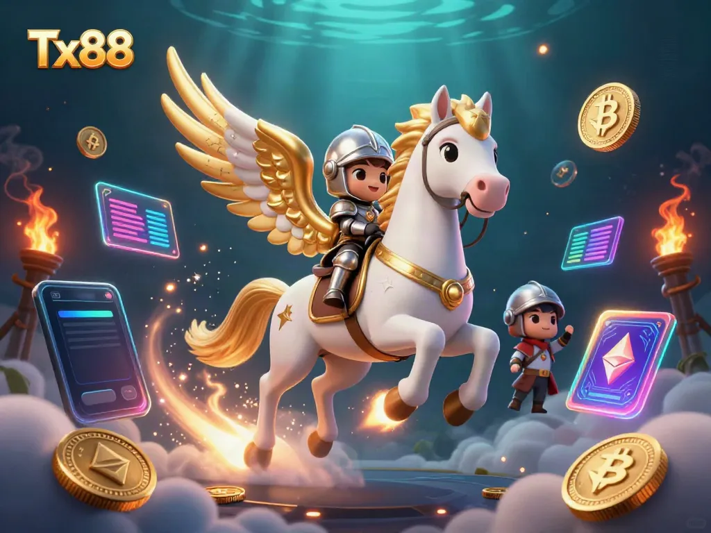 Experience thrilling wins with Tx88 featuring a celestial knight atop a mystical horse amidst captivating cryptocurrency elements.