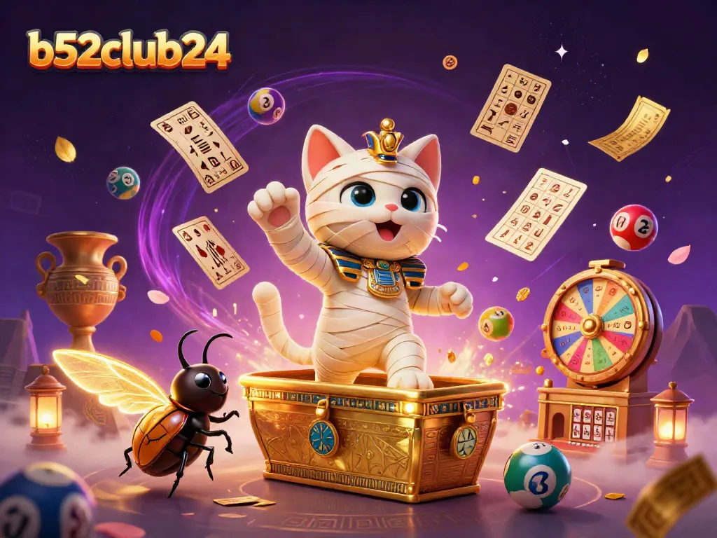 Engage with b52club24's thrilling casino atmosphere through a vibrant 3D illustration of a cat mummy bursting from a golden sarcophagus.