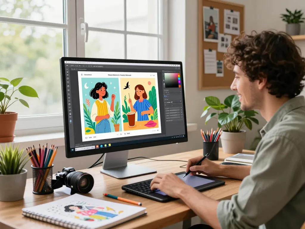 Artist using nano banana AI image editor in a modern workspace with vibrant illustrations and art supplies.