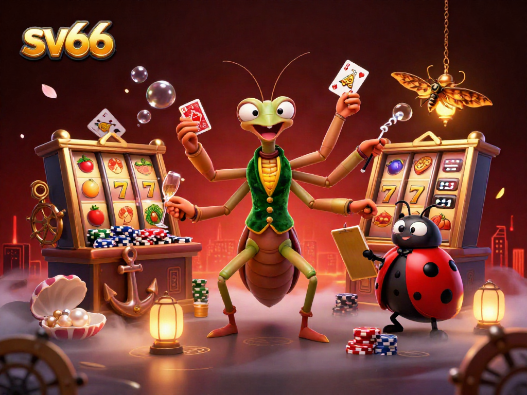 sv66 showcases vibrant 3D casino scene with a cartoon mantis and lively card game action.
