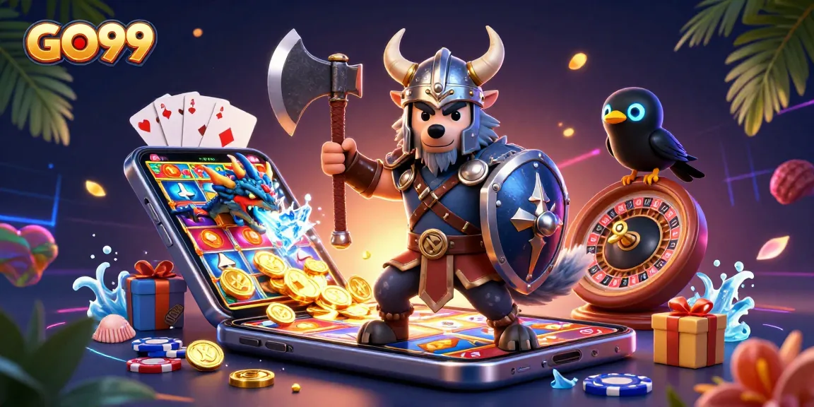 Engage with GO99's expansive gaming world, featuring dynamic slot games and whimsical characters.