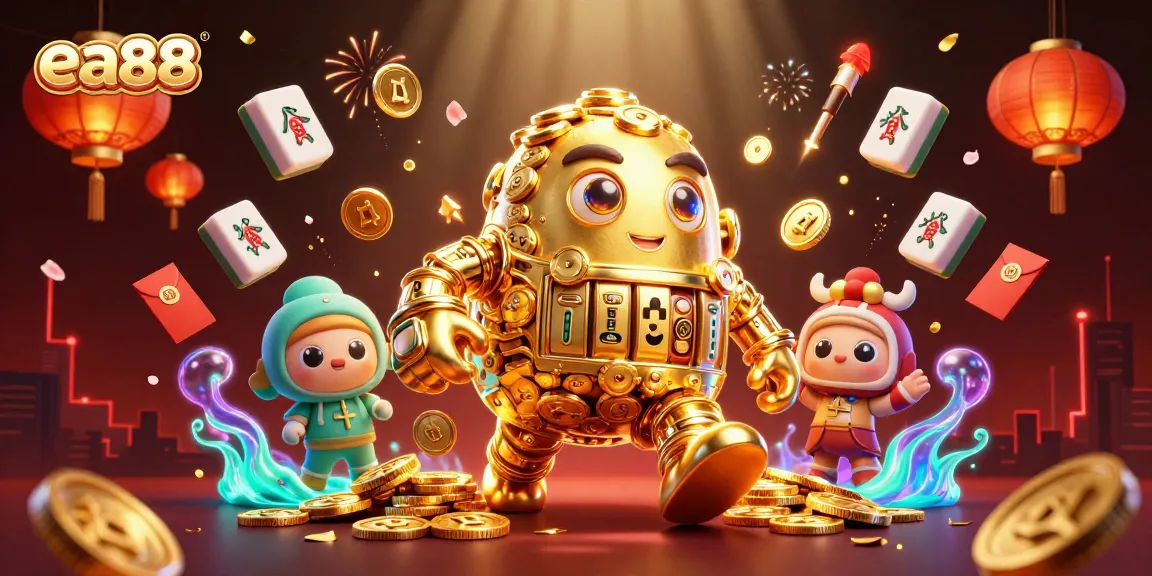 Experience the thrill of ea88 casino games with a dynamic golden golem surrounded by vibrant game symbols.