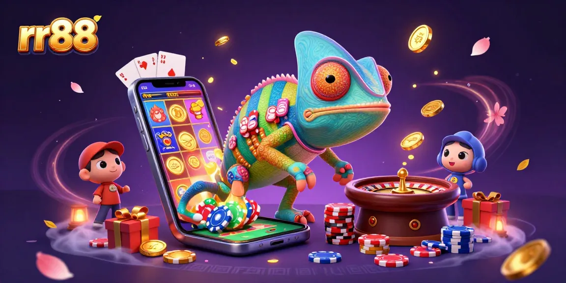 Engage with rr88, where a vibrant chameleon casino owner captures golden coins amidst dynamic gaming elements.