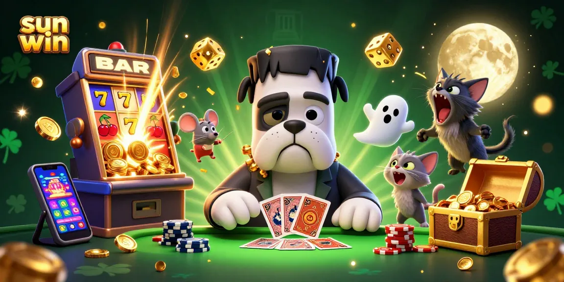 Experience sun win excitement with a lively scene featuring colorful cards, coins, and casino symbols.