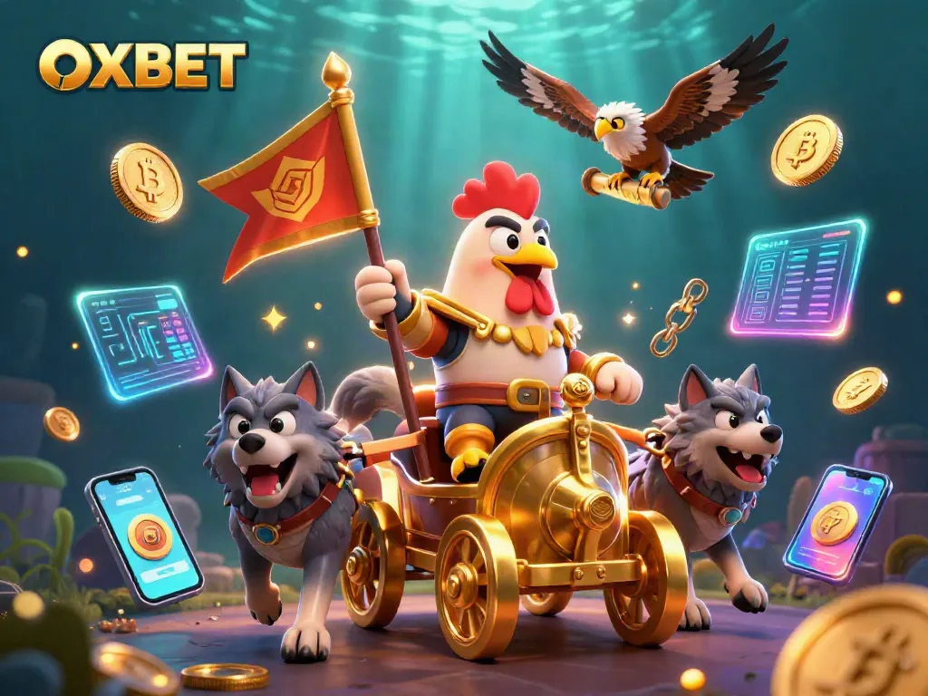 Experience OXBET's thrilling atmosphere with a rooster warlord and crypto-themed elements in dynamic gaming scene.