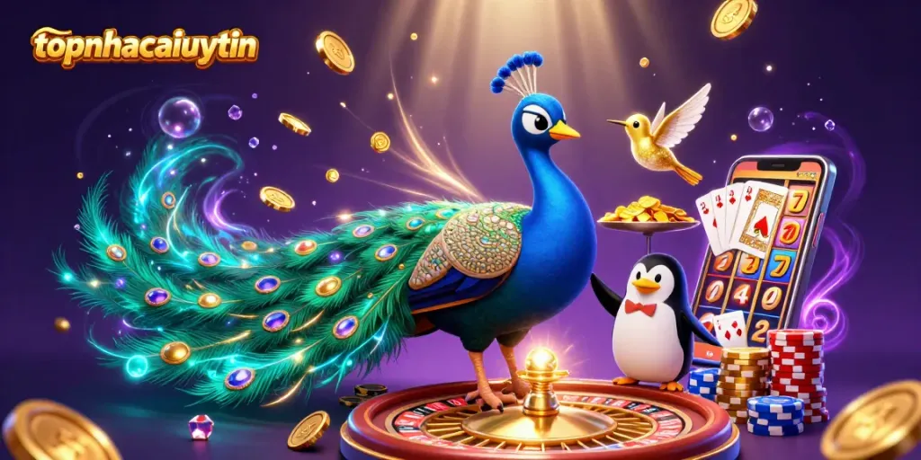 Experience topnhacaiuytin's vibrant casino scene filled with golden chips and dynamic gaming action.