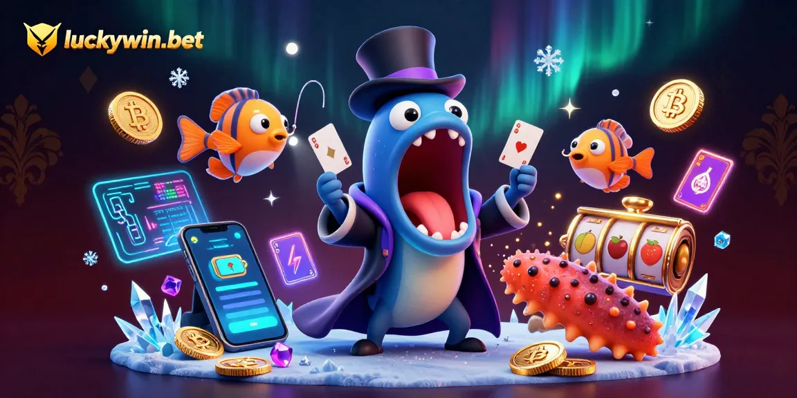 Engage with luckywin-bet's thrilling casino magic scene featuring a bioluminescent eel performing exciting card tricks.