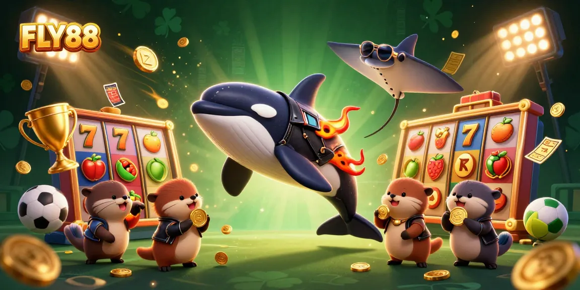 FLY88 offers thrilling gaming action featuring a cartoon whale, stingray, and otters with gold coins in a casino scene.