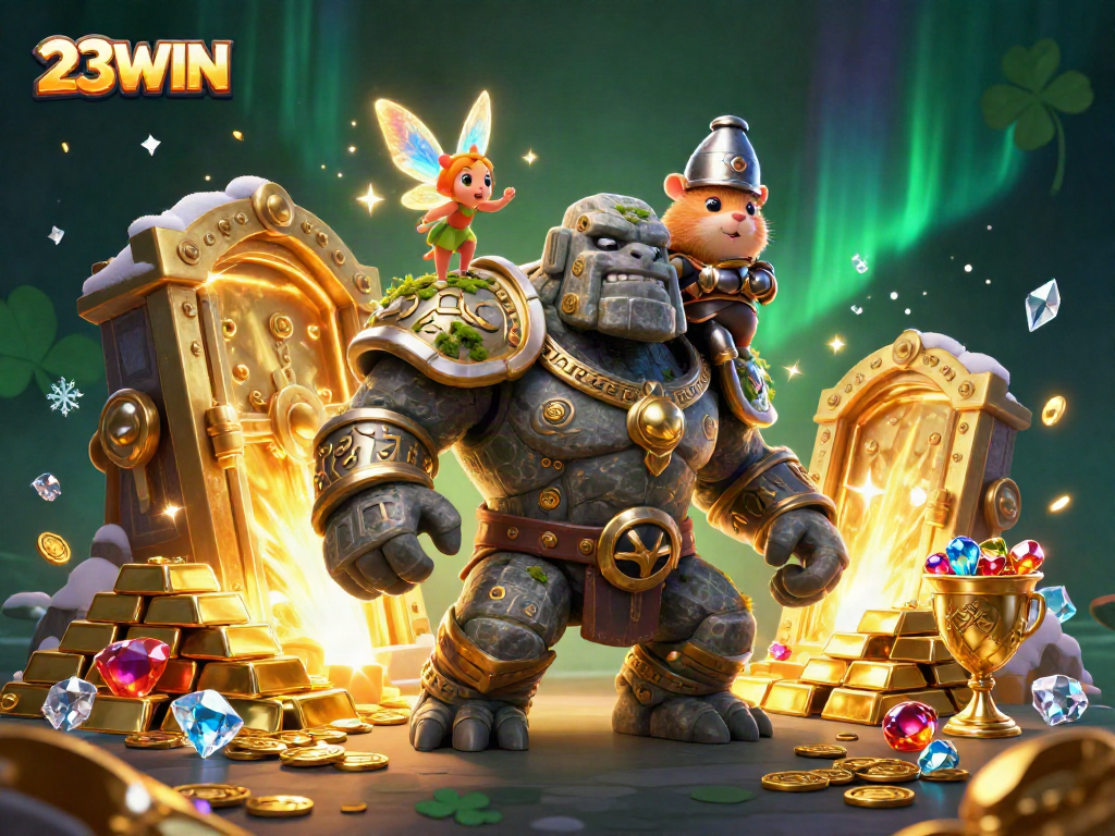 Engage with thrilling games at 23WIN, showcasing dynamic casino scenes with sparkling treasures.