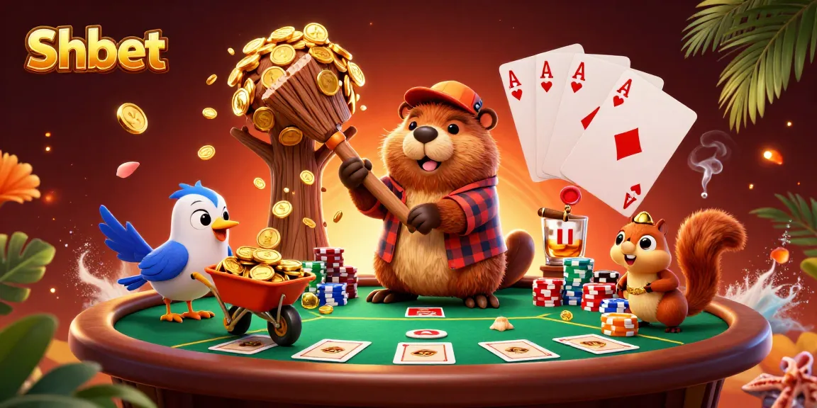 Engage in a vibrant Shbet scene where a beaver chops a tree raining coins while celebrating poker.