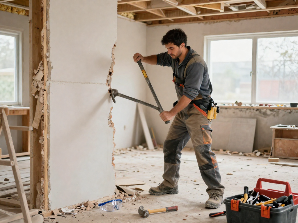 Using a fubar wrecking bar for home renovation, showcasing demolition tools and a busy construction site.